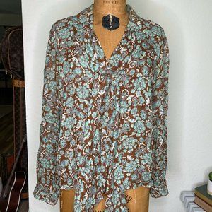 Agnona Womens Brown Blue Floral Long Sleeve Collared Tie Tunic Blouse Top Sz 46